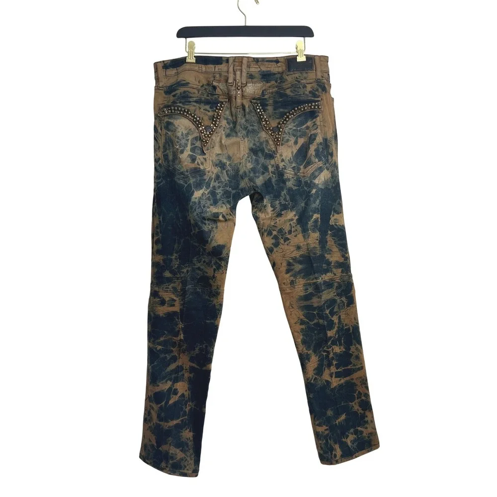 Robin's Jean Black Brown Splatter Acid Wash Long Flap Pocket Studded Moto‎ Jeans